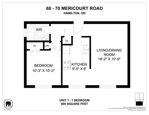 Floor plan for 1 bed, 1 bath